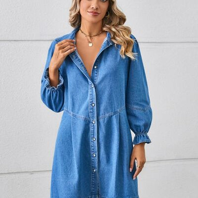 Button Up Flounce Sleeve Mini Denim Dress Charming Charlie Button Up Flounce Sleeve Mini Denim Dress Charming Charlie