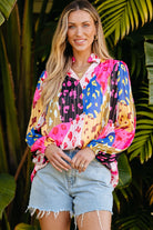 Printed Notched Long Sleeve Blouse - Charming Charlie