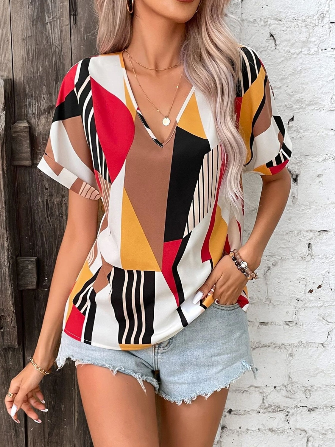 Printed V-Neck Short Sleeve Blouse - Charming Charlie