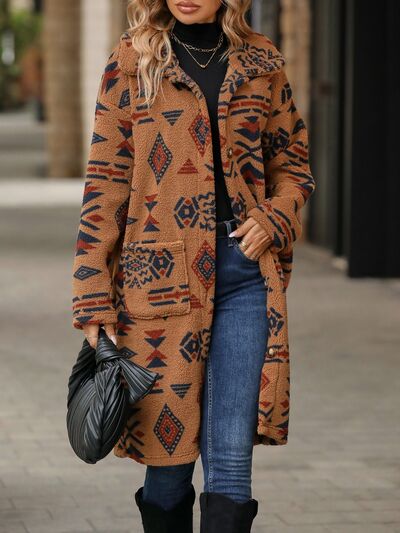 Geometric Pocketed Dropped Shoulder Coat - Charming Charlie