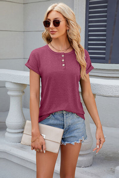 Round Neck Rolled Short Sleeve T-Shirt - Charming Charlie