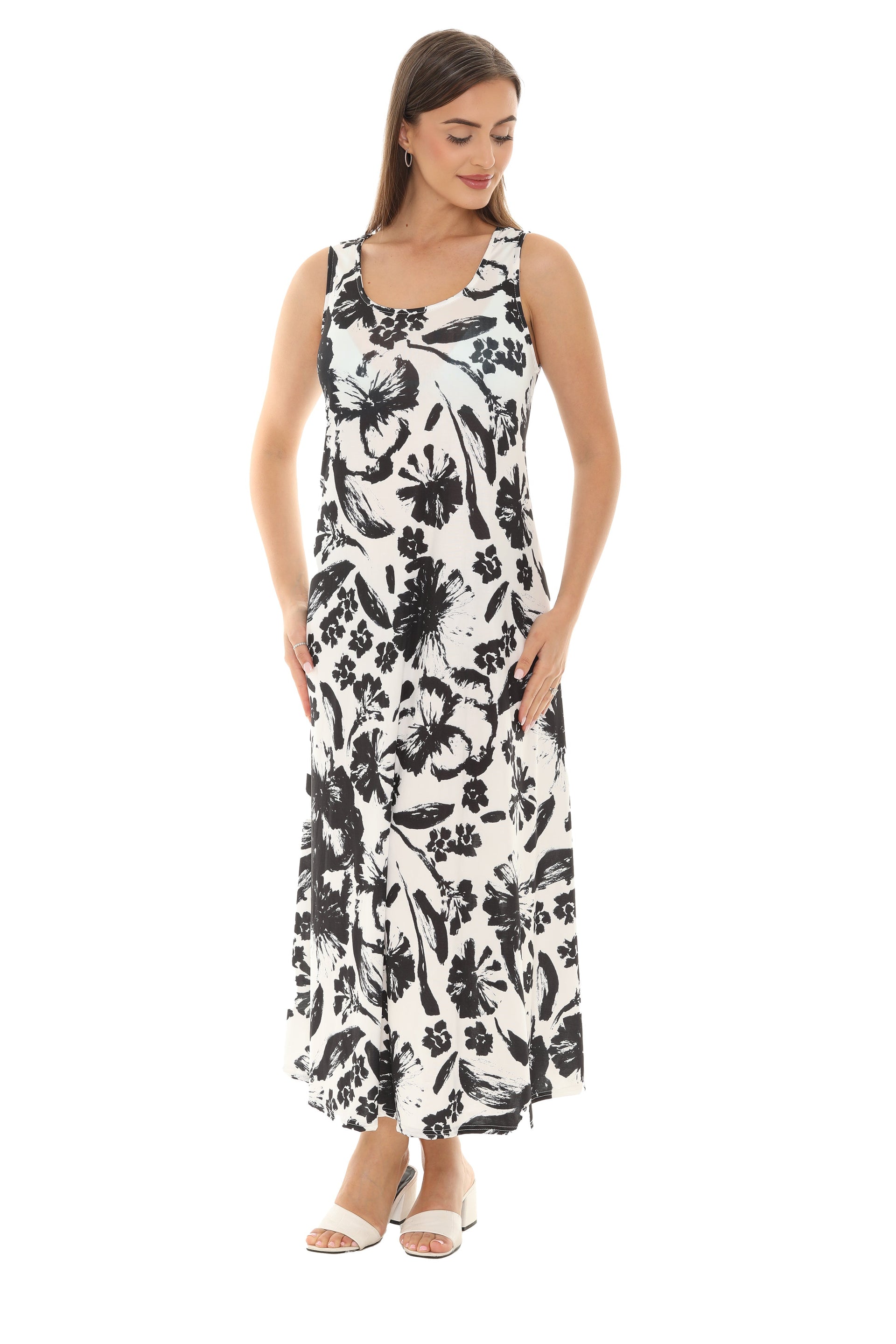Abstract Floral Print Sleeveless Maxi Dress XL / Black