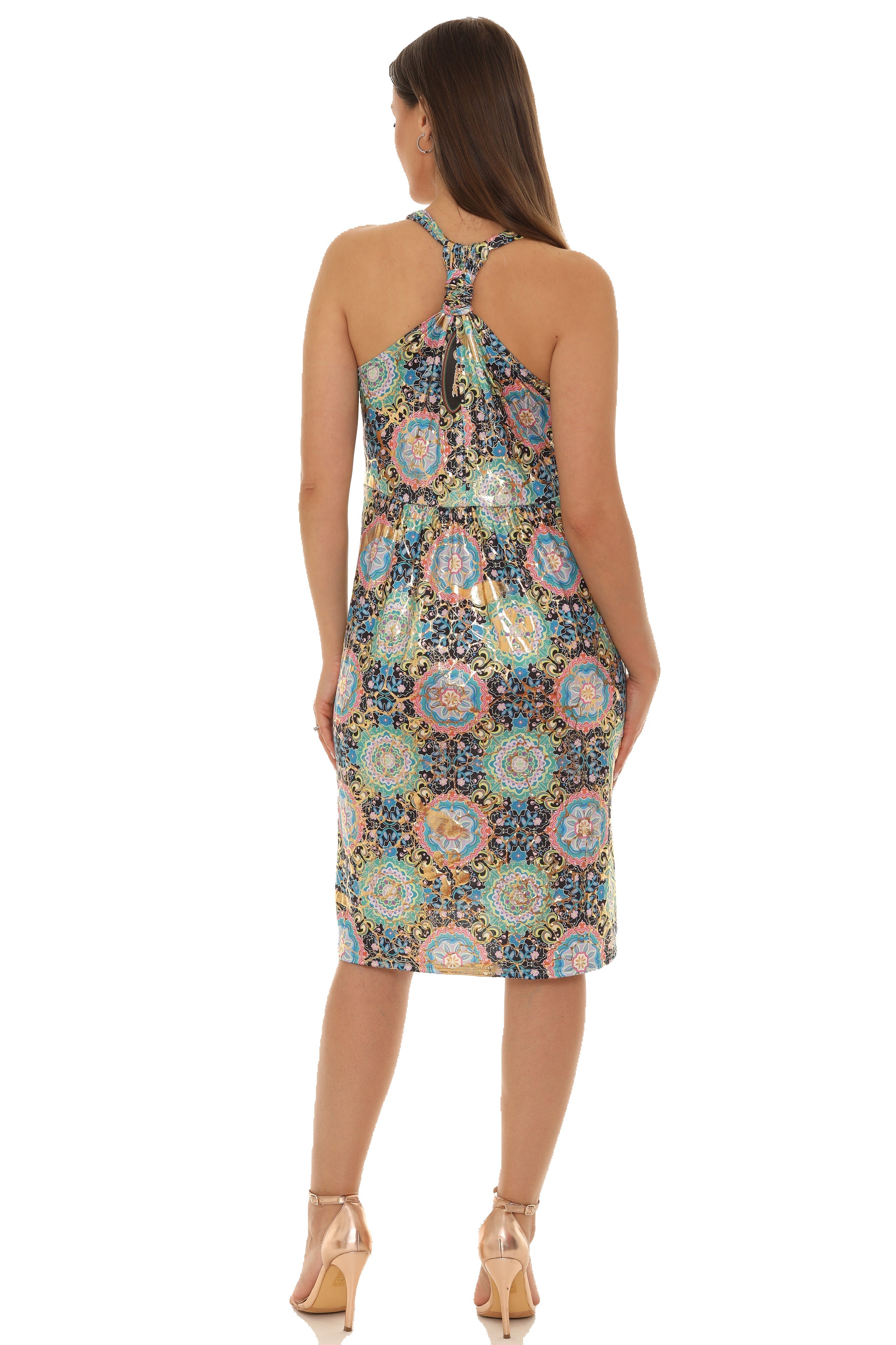 Floral Abstract Gold Foil Halter Dress - Shoreline Wear, Inc.