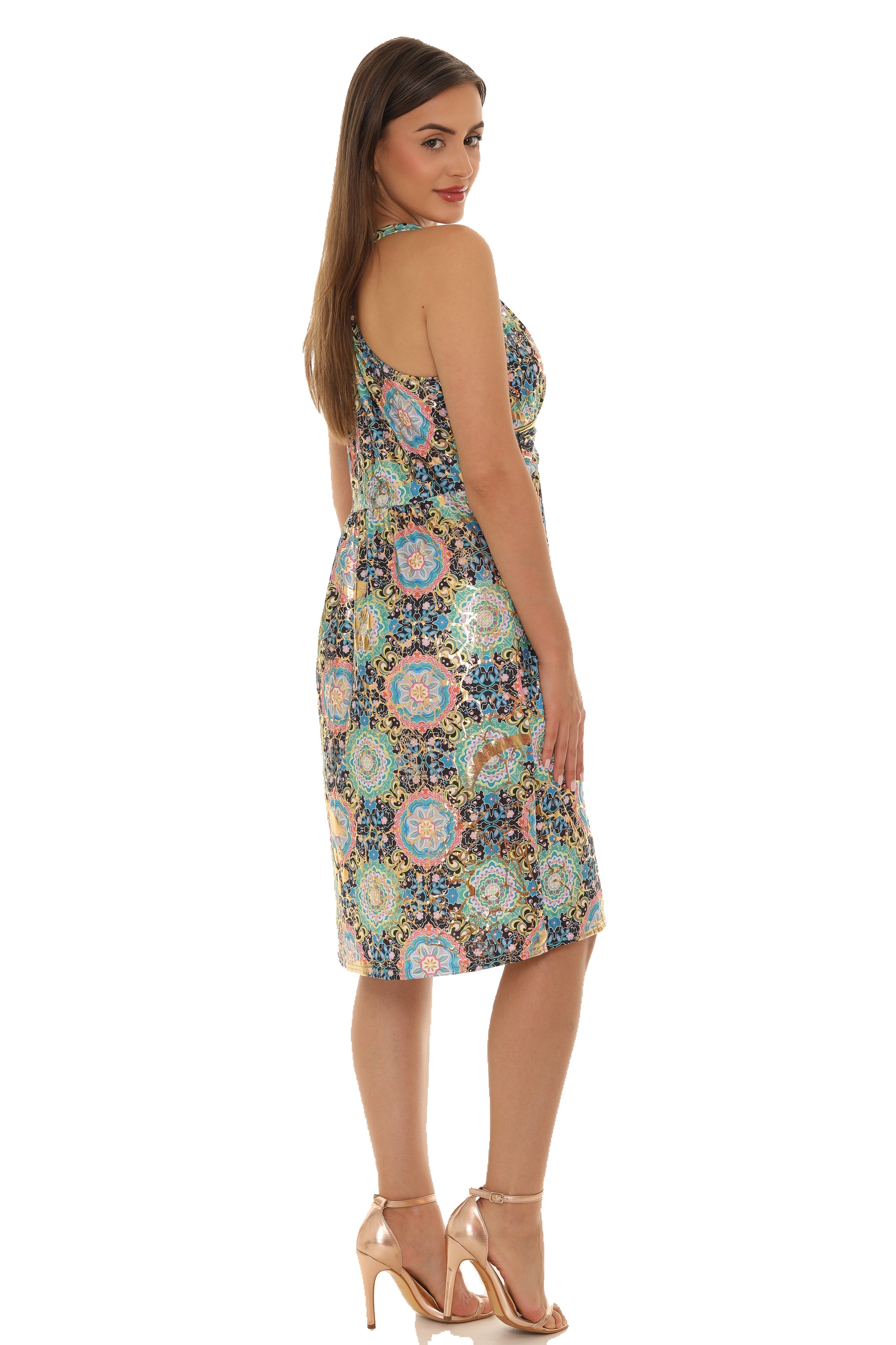 Floral Abstract Gold Foil Halter Dress - Shoreline Wear, Inc.