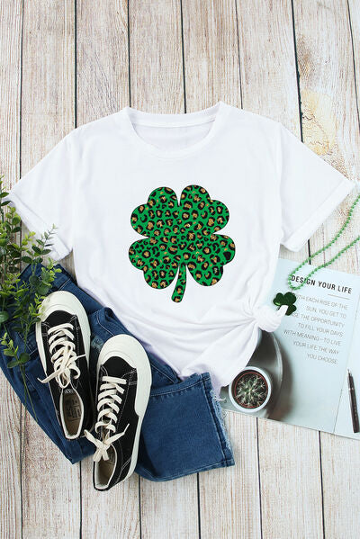 Women's White Lucky And Blessed Glitter Clover Print T Shirt