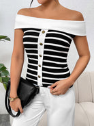Decorative Button Striped Off-Shoulder Knit Top - Charming Charlie
