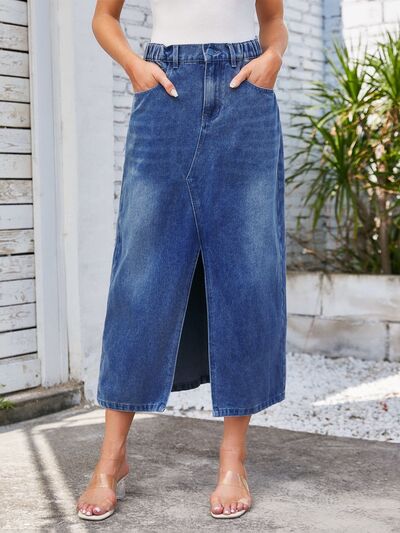 Slit Midi Denim Skirt with Pockets - Charming Charlie