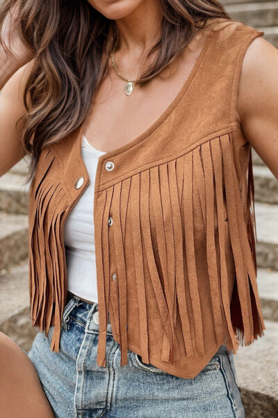 Fringe Snap Down Vest Coat - Charming Charlie