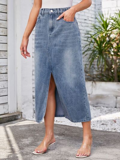 Slit Midi Denim Skirt with Pockets - Charming Charlie
