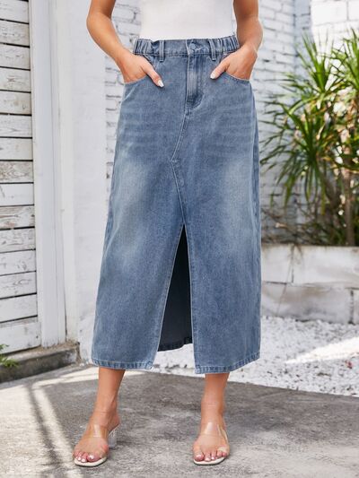 Slit Midi Denim Skirt with Pockets - Charming Charlie