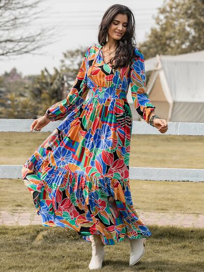 Printed Smocked Tie Neck Balloon Sleeve Maxi Dress Multicolor / L Printed Smocked Tie Neck Balloon Sleeve Maxi Dress Multicolor / L