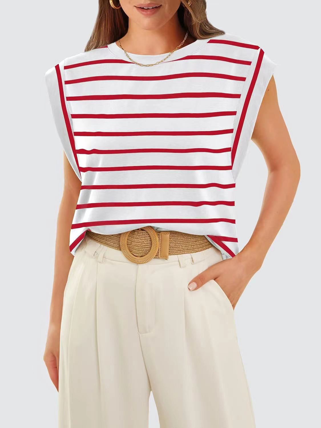 Striped Round Neck Cap Sleeve T-Shirt - Charming Charlie