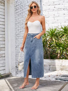 Slit Midi Denim Skirt with Pockets - Charming Charlie