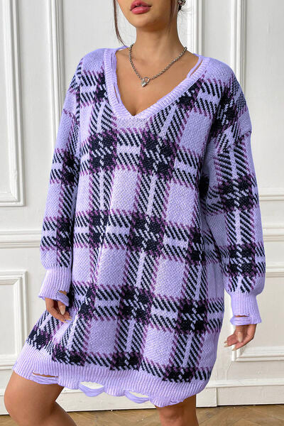 Plaid V-Neck Long Sleeve Sweater Dress – Charming Charlie