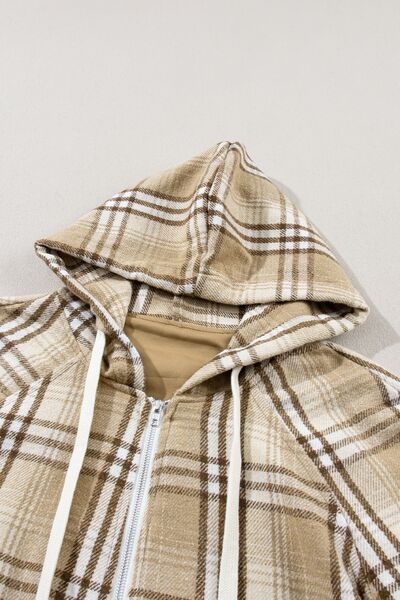 Drawstring Plaid Half Zip Raglan Sleeve Hoodie - Charming Charlie