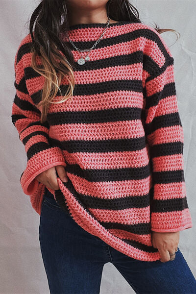 Striped Round Neck Dropped Shoulder Sweater - Charming Charlie