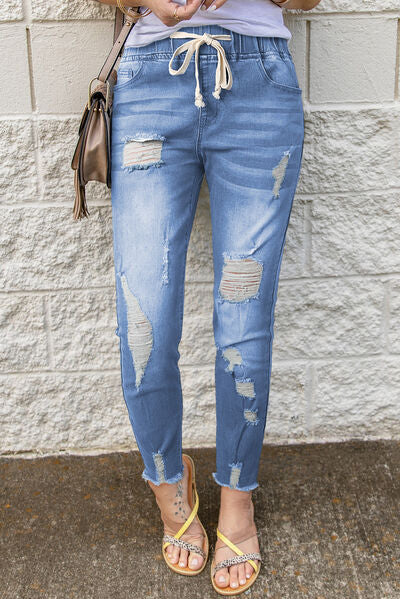 Drawstring Distressed Raw Hem Jeans with Pockets - Charming Charlie