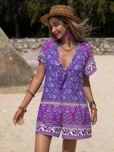 Tied Printed Short Sleeve Romper - Charming Charlie