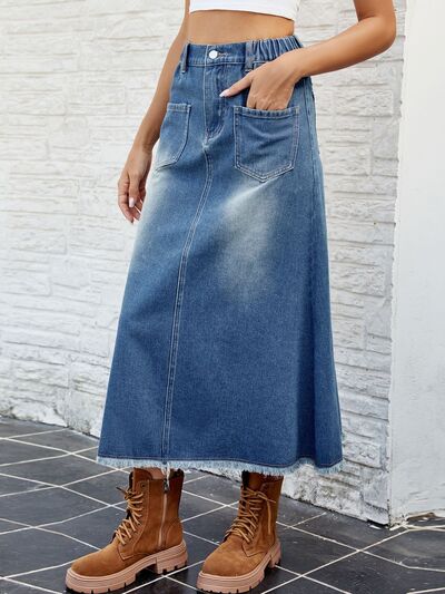 Raw Hem Buttoned Denim Skirt with Pockets - Charming Charlie