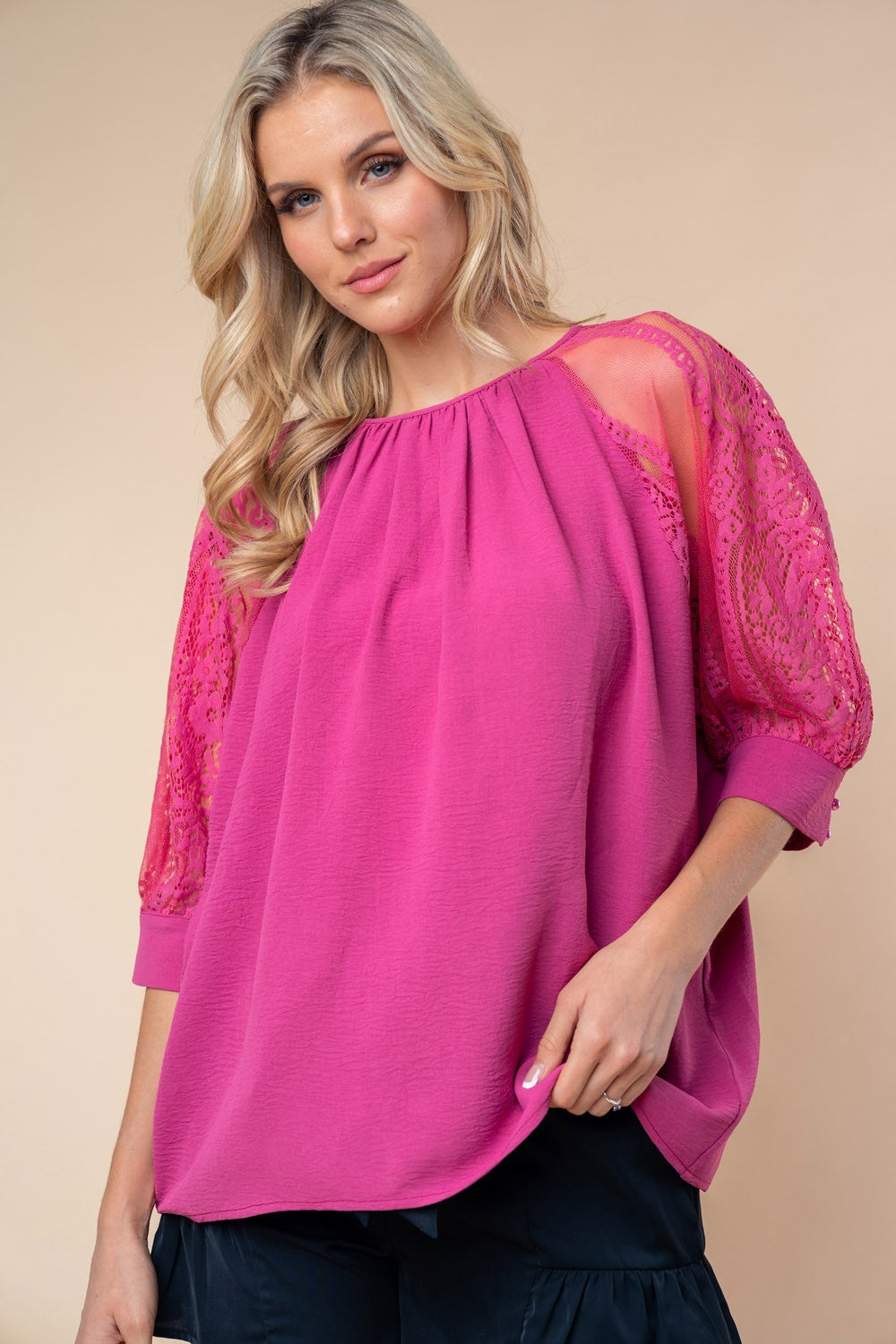 White Birch Round Neck Lace Half Sleeve Blouse - Charming Charlie