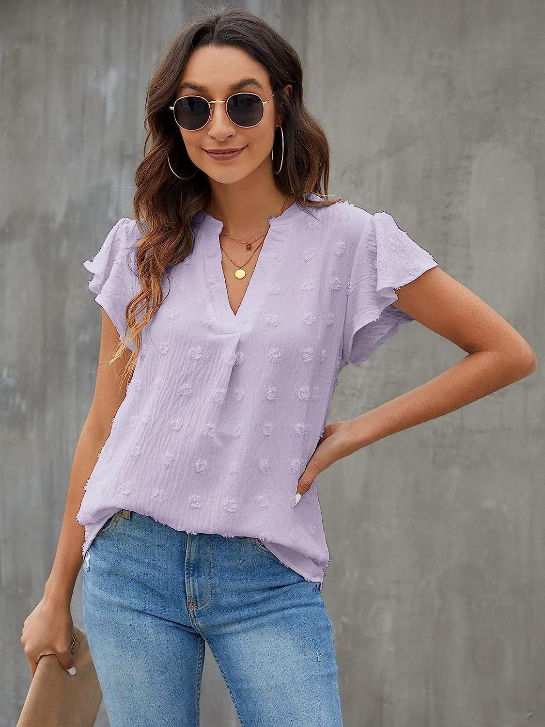 Swiss Dot Notched Cap Sleeve Blouse - Charming Charlie