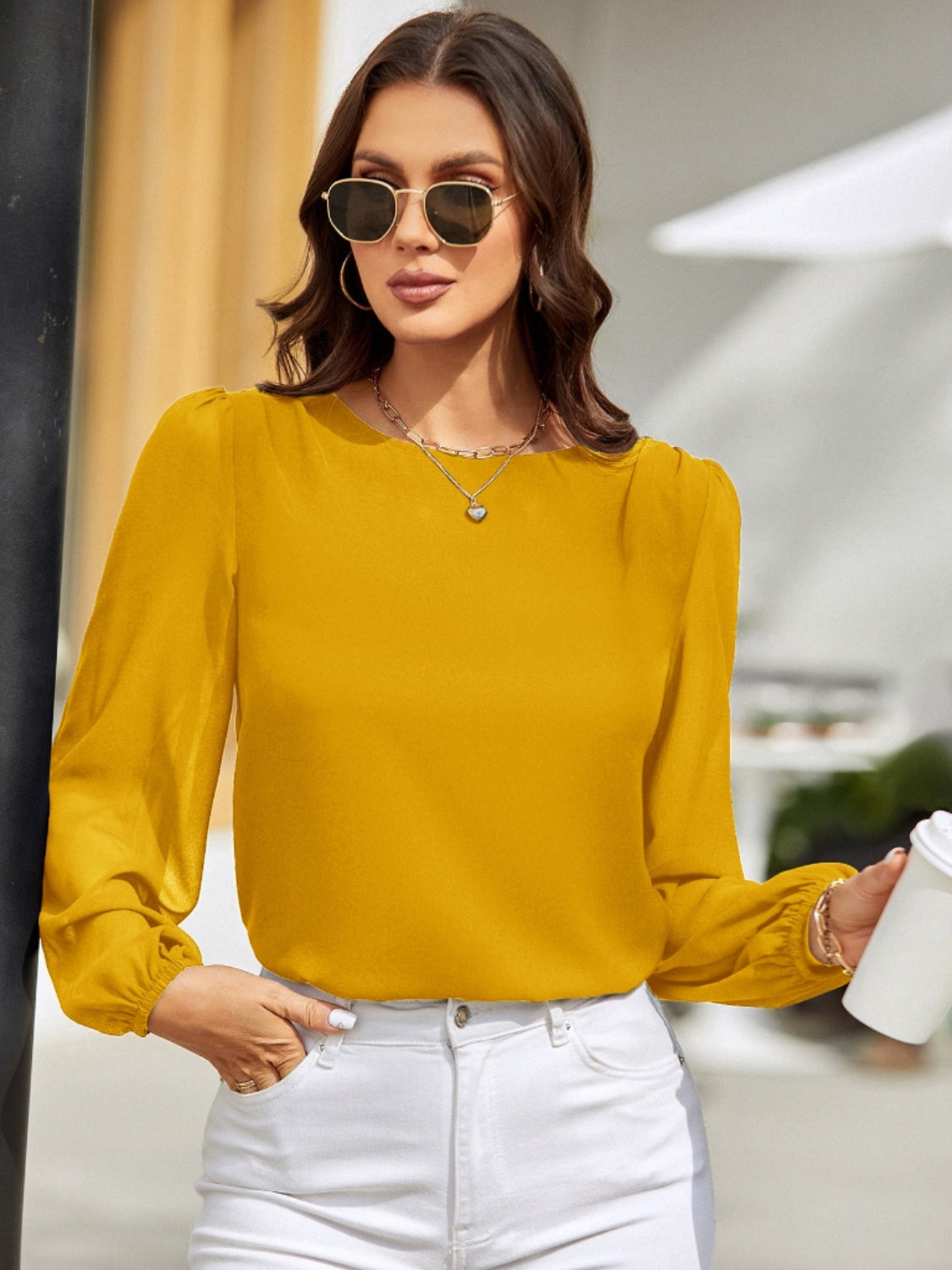 Round Neck Long Sleeve Blouse - Charming Charlie