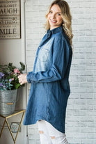 Veveret Pocketed Button Up Washed Denim Shirt - Charming Charlie