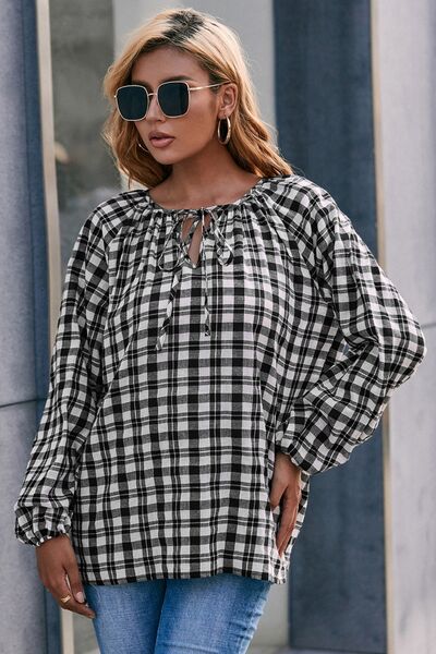 Plaid Tie Neck Balloon Sleeve Blouse - Charming Charlie