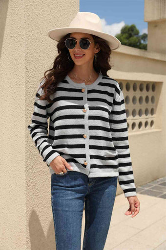 Striped Round Neck Button-Down Dropped Shoulder Cardigan main image 1