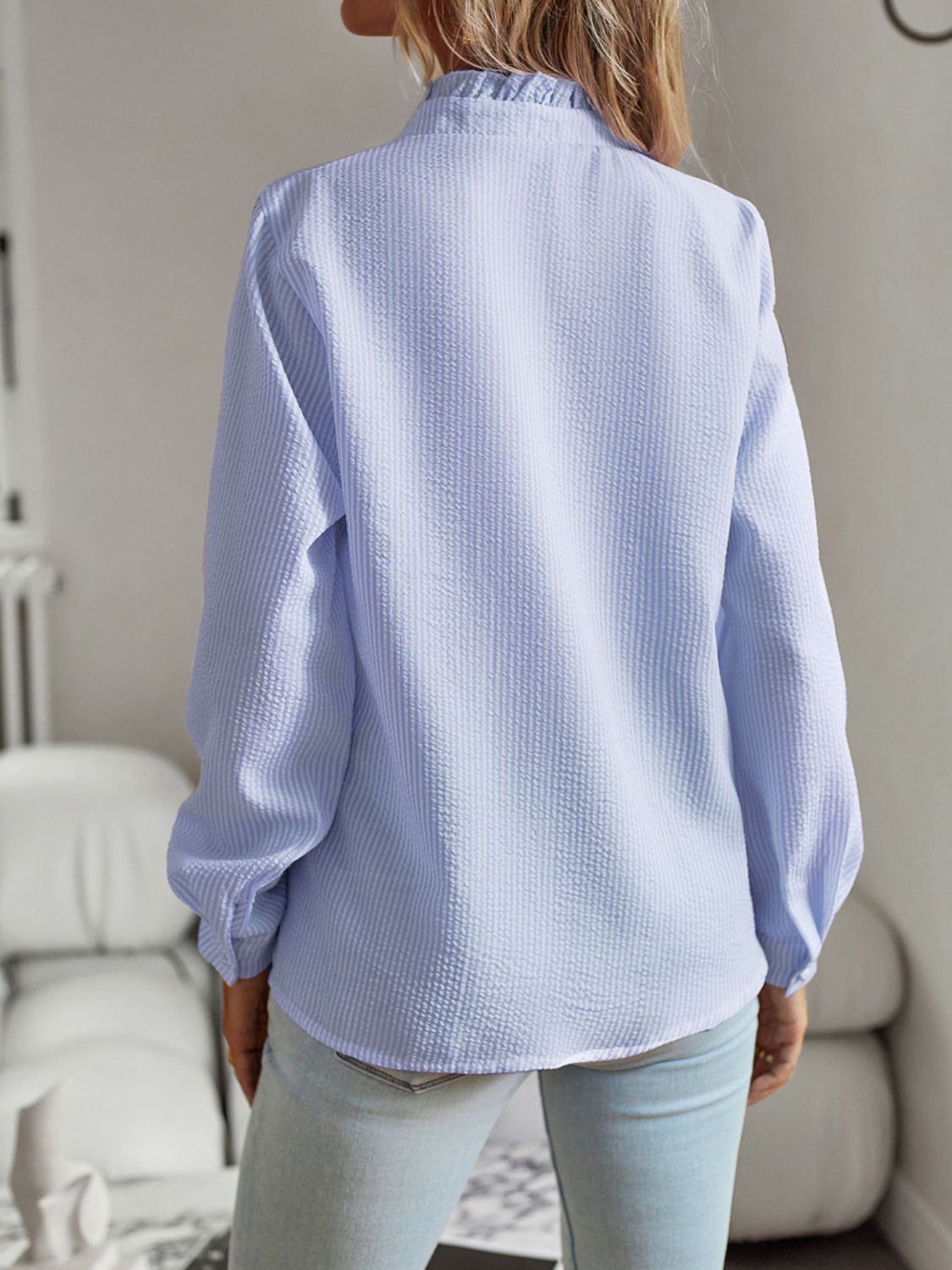 Ruffle Trim Long Sleeve Shirt - Misty Blue / S