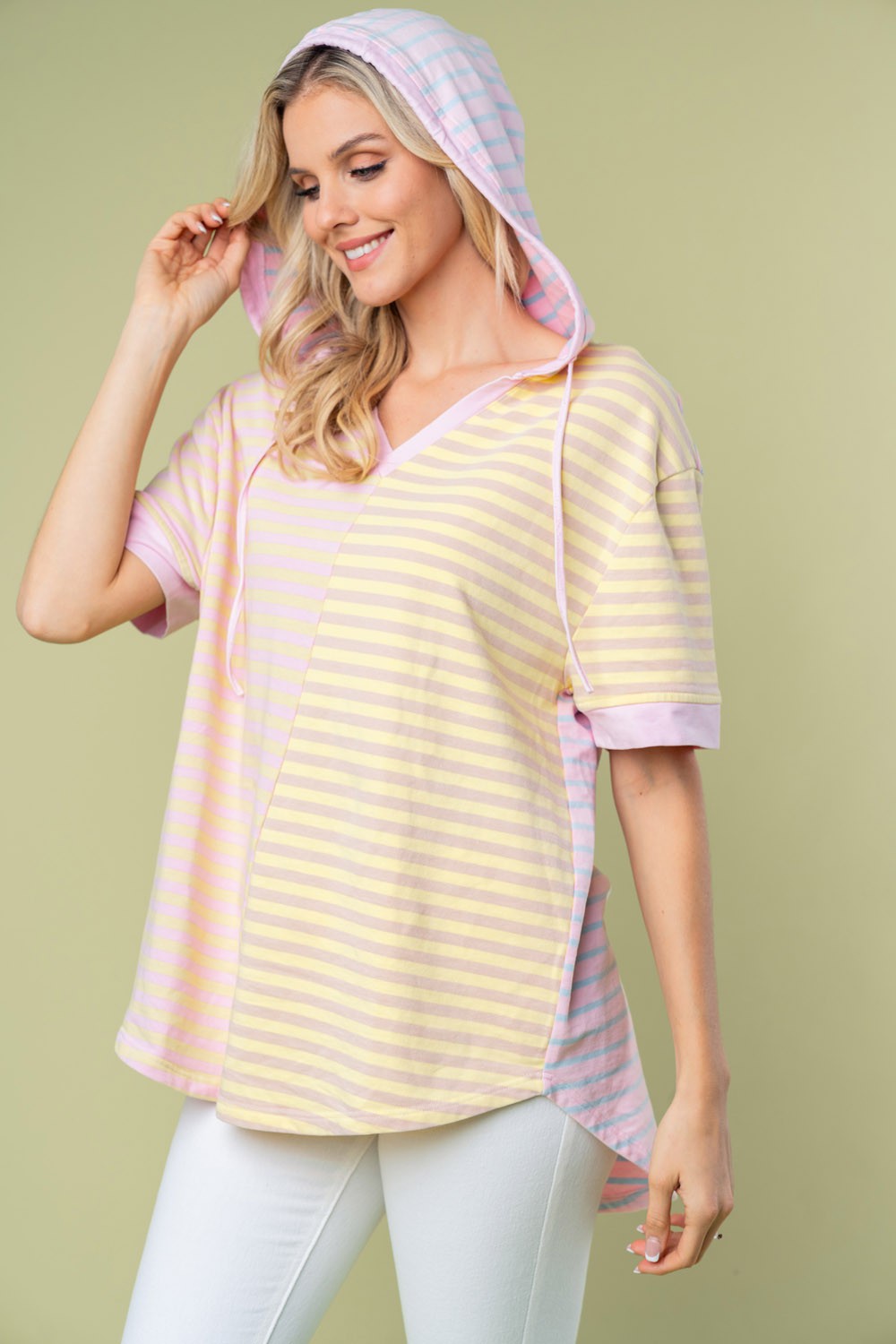 White Birch Full Size Striped Short Sleeve Drawstring Hooded Top - Charming Charlie
