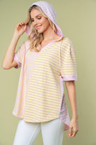 White Birch Full Size Striped Short Sleeve Drawstring Hooded Top - Charming Charlie