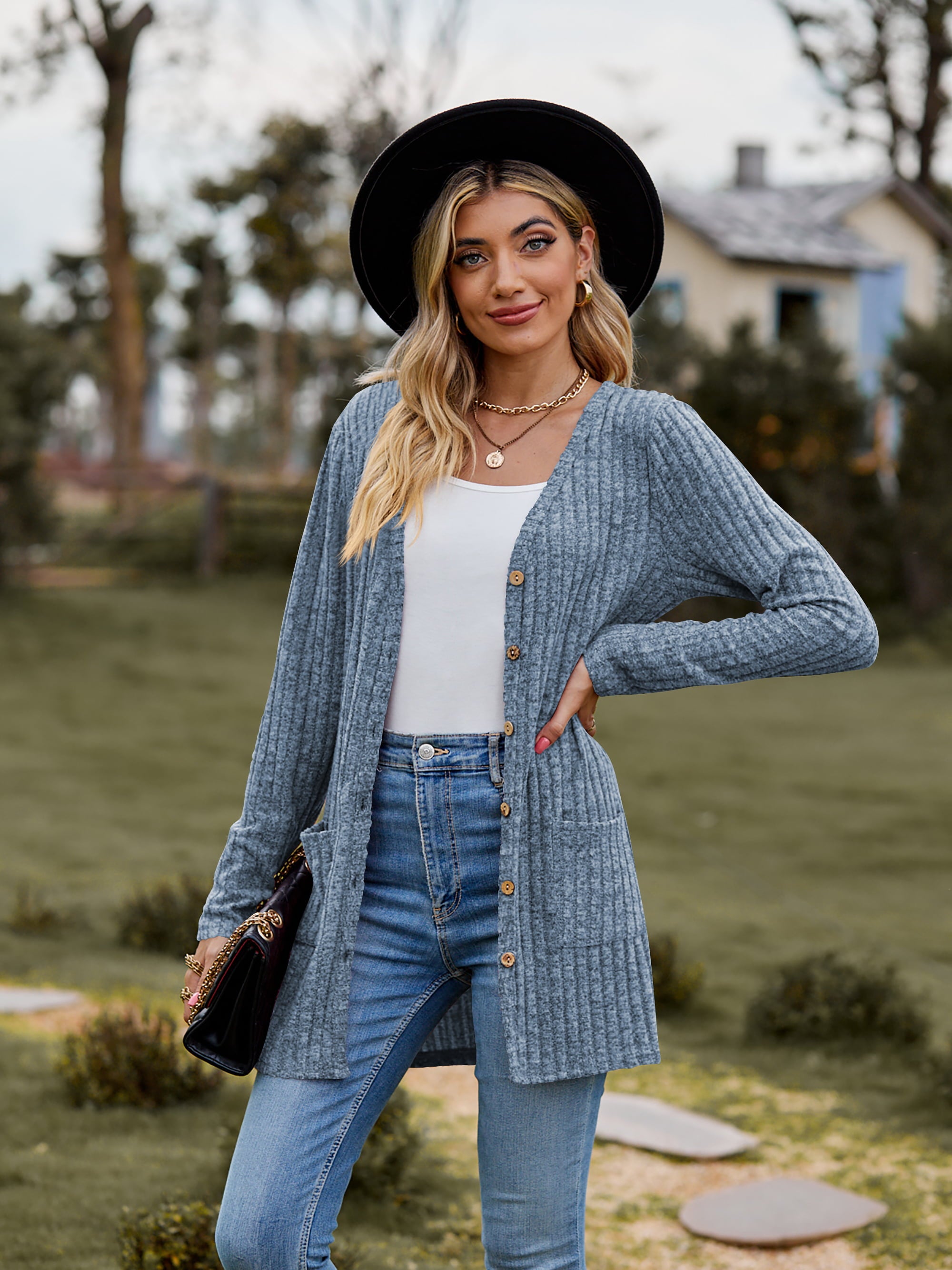 Ribbed Button Up Cardigan with Pockets main image 0