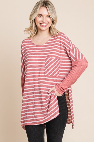 Culture Code Oversize Striped Round Neck Long Sleeve Slit T-Shirt - Charming Charlie