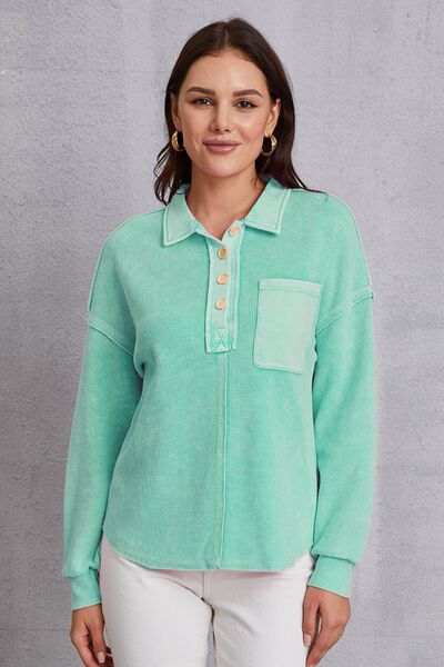 Quarter Button Dropped Shoulder Sweatshirt - Charming Charlie