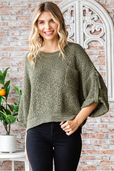 Veveret Round Neck Roll-Up Sweater - Charming Charlie