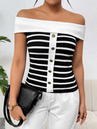 Decorative Button Striped Off-Shoulder Knit Top - Charming Charlie