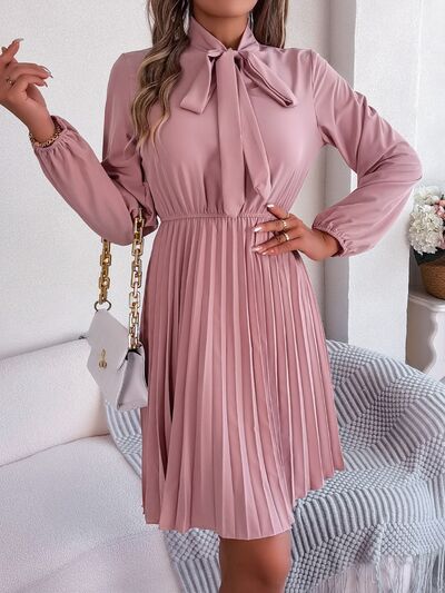 Tie Neck Balloon Sleeve Pleated Dress - Charming Charlie