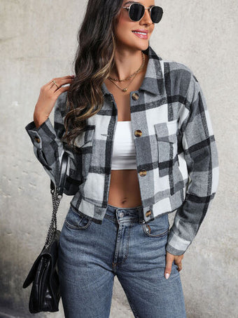 Plaid Button Up Drop Shoulder Cropped Jacket main image 1