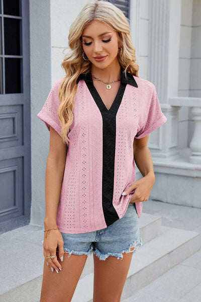 Eyelet Johnny Collar Short Sleeve T-Shirt - Charming Charlie