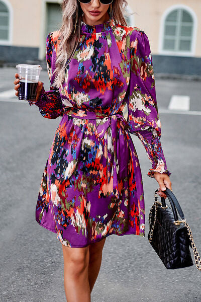 Printed Tie Waist Mock Neck Lantern Sleeve Dress - Charming Charlie