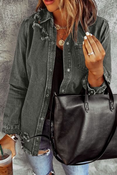 Distressed Raw Hem Snap Down Denim Jacket - Charming Charlie