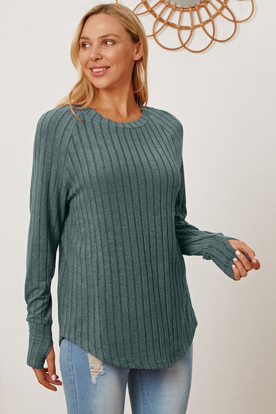 Basic Bae Full Size Ribbed Thumbhole Sleeve T-Shirt - Charming Charlie