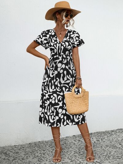 Wholesale MOQ6 Printed V-Neck Short Sleeve Dress