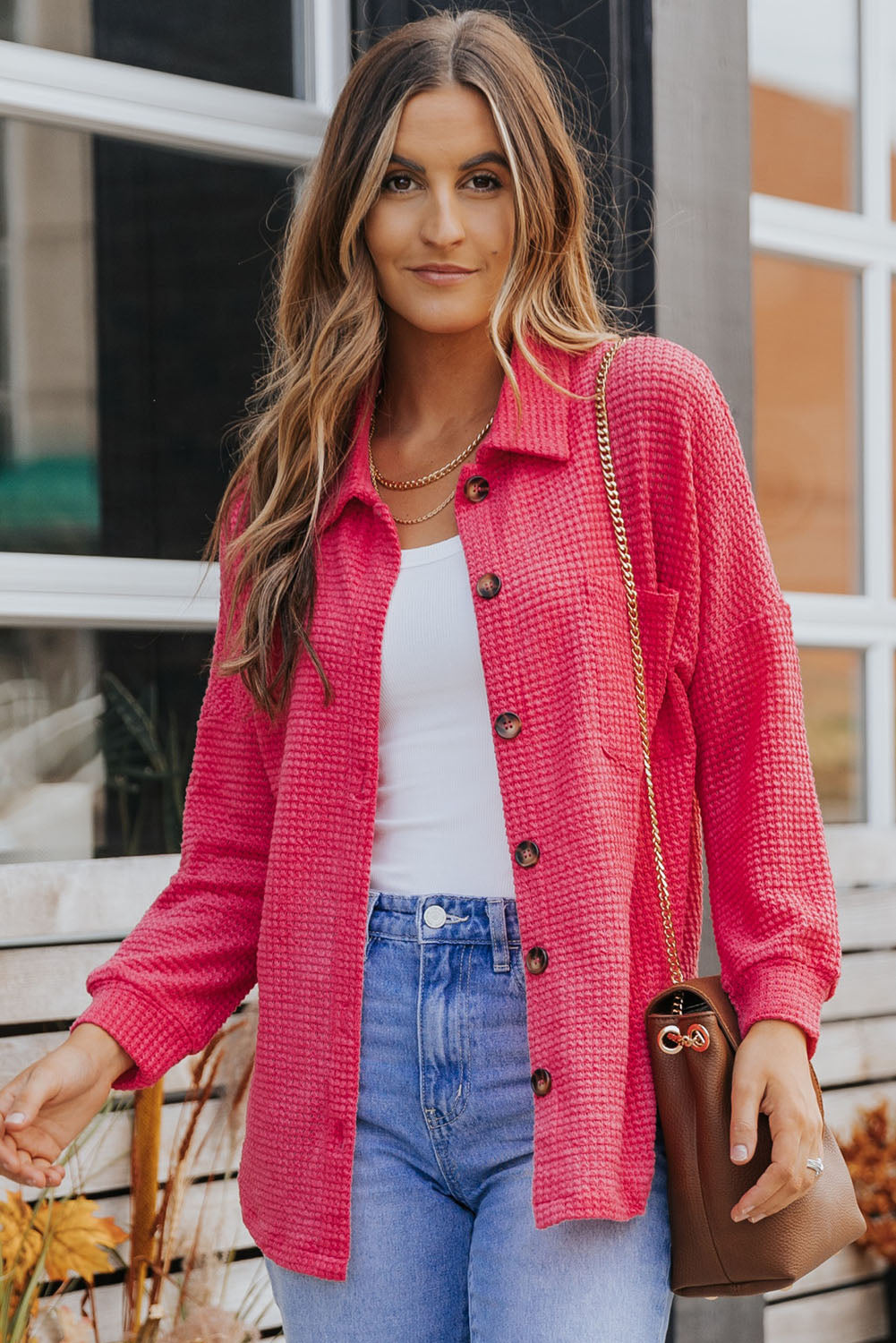Waffle-Knit Collared Neck Dropped Shoulder Shirt - Charming Charlie