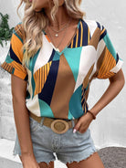 Printed V-Neck Short Sleeve Blouse - Charming Charlie
