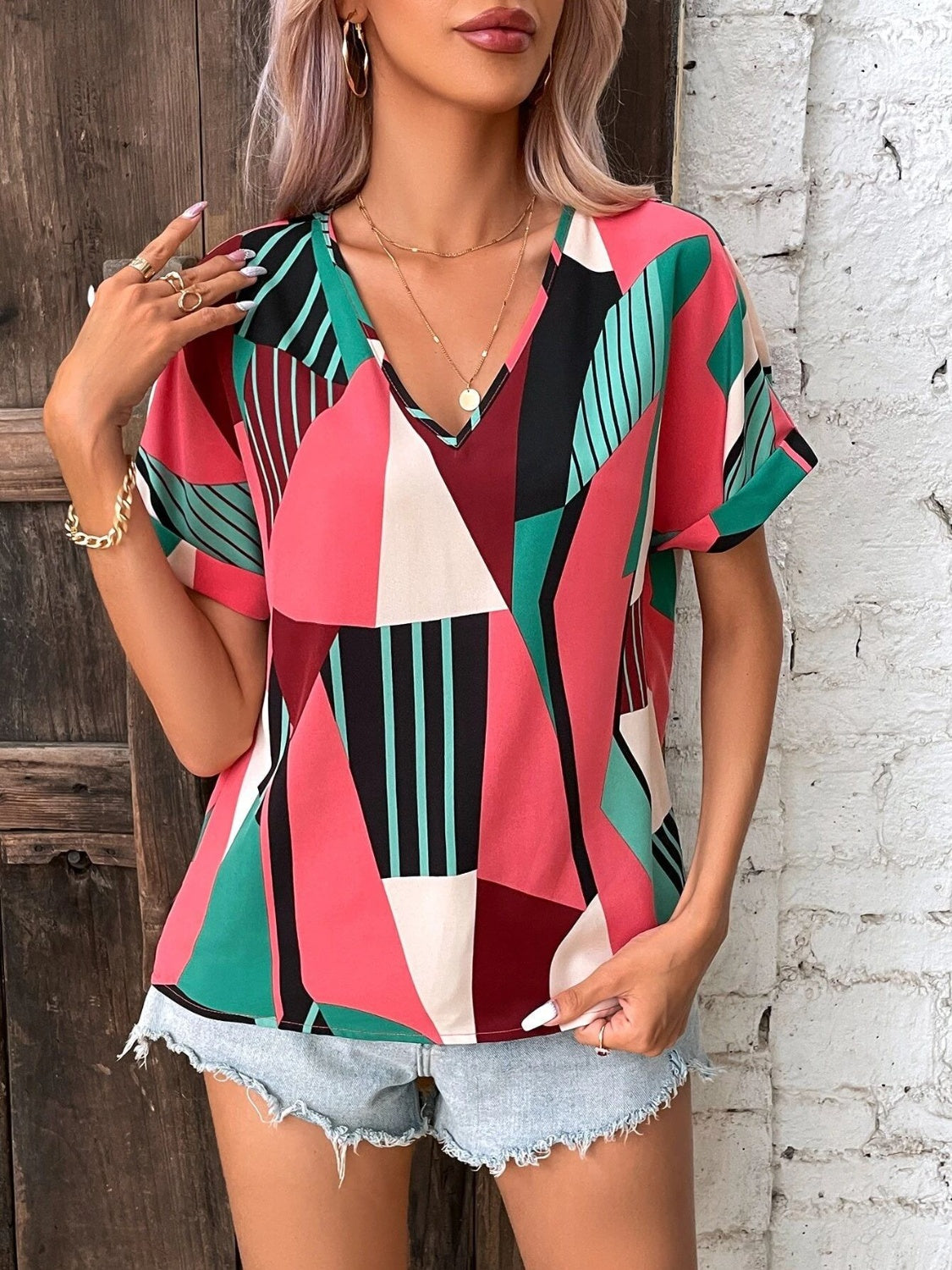 Printed V-Neck Short Sleeve Blouse - Charming Charlie