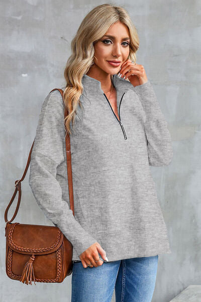 Half Zip Pocketed Dropped Shoulder Sweatshirt - Charming Charlie