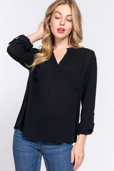 ACTIVE BASIC Full Size Notched Long Sleeve Woven Top - Charming Charlie