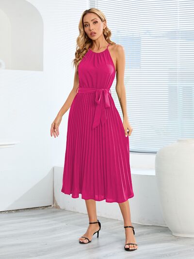 Pleated Spaghetti Strap Tie Waist Midi Dress – Charming Charlie